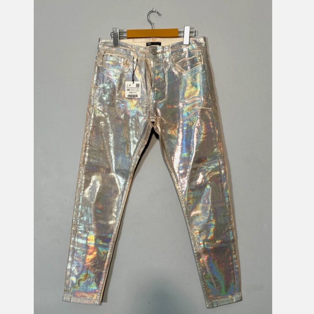 ZARA Metallic Mid-Rise Slim Denim Jean Holographic Iridescent Pink Silver Disco